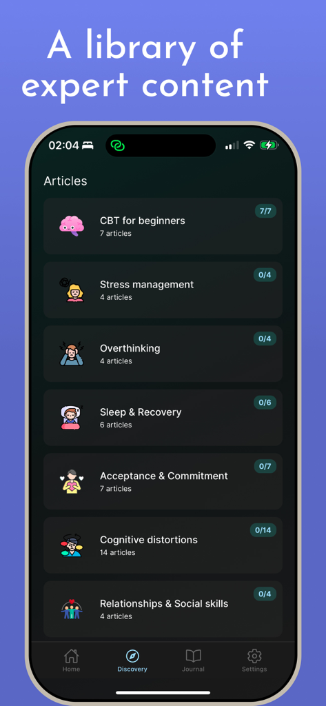CBT for Beginners - Discovery screen of the CBT for Beginners app showing a library of expert mental health articles on stress management and cognitive distortions