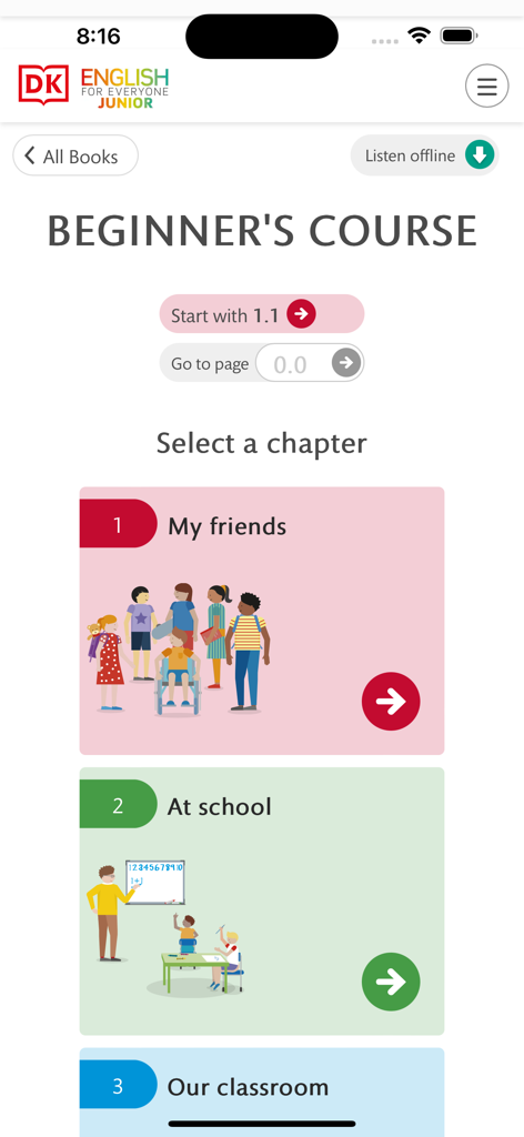Interfaz de la aplicación DK English for Everyone Junior que muestra el menú del curso para principiantes con capítulos titulados Mis Amigos y En la Escuela.