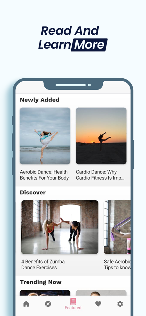 Dance Fit - Weight Loss Moves - Articoli educativi sui benefici della danza aerobica e della salute sull'interfaccia dell'app Dance Fit
