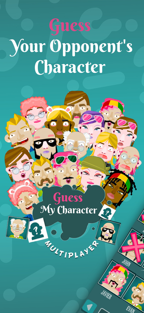 Guess My Character - Intro screen for Guess My Character game featuring a group of diverse cartoon avatars