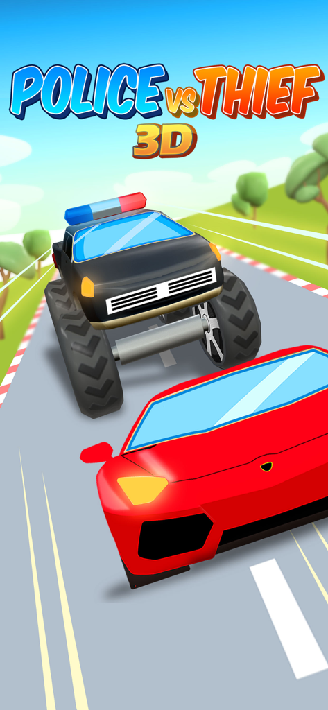Un monster truck de policía persiguiendo un coche deportivo rojo en un entorno de juego de carreras 3D