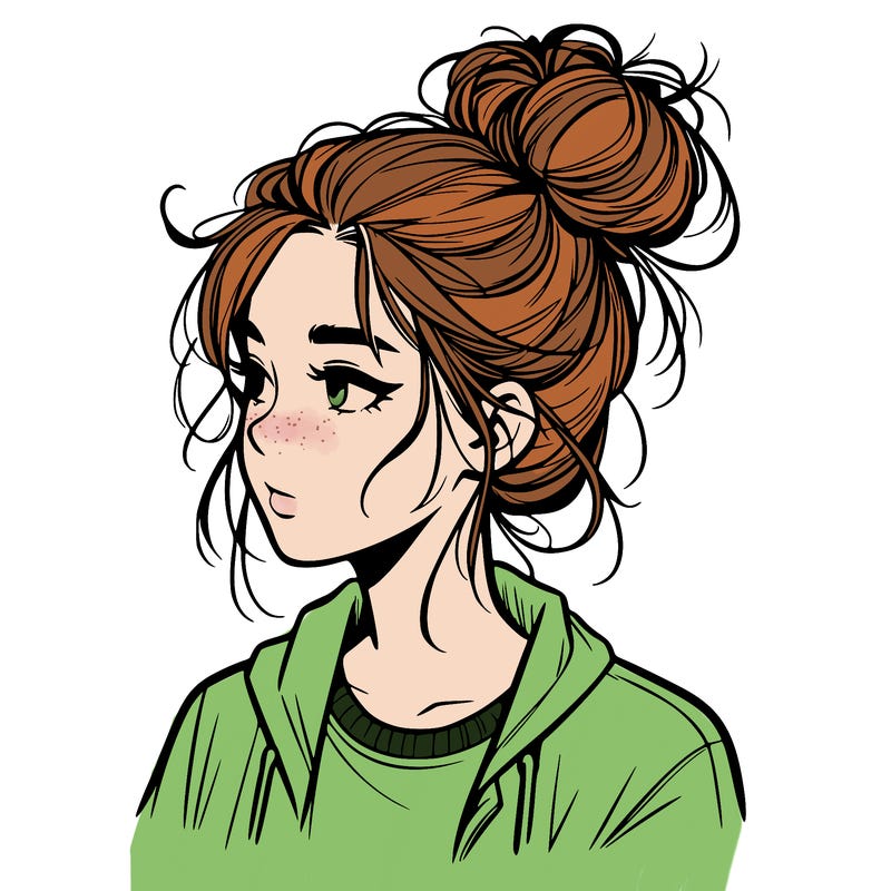 realistic teenage girl with a messy bun