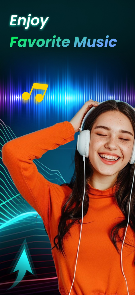 Bass Booster & Equalizer Music - Mujer feliz con auriculares blancos disfrutando de la música con visualizaciones vibrantes de ondas de audio