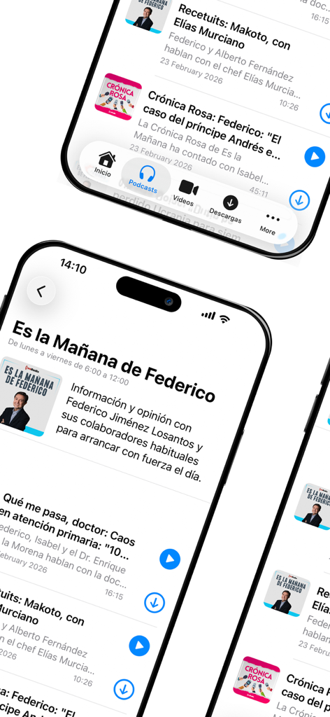 Interface do aplicativo móvel esRadio mostrando uma lista de episódios de podcast e o programa matinal de Federico Jimenez Losantos.