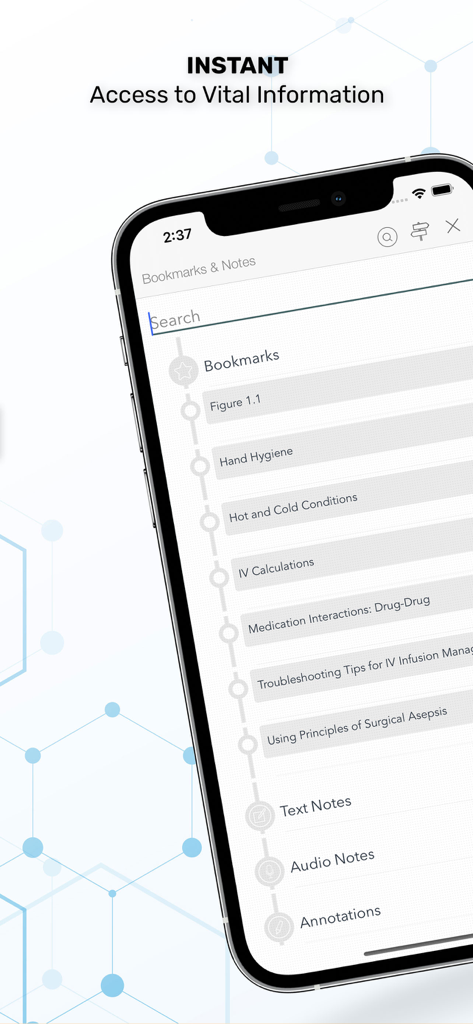 Bookmarks and notes screen in the Nurse Guide Clinical Procedure app showing medical search and clinical topics.