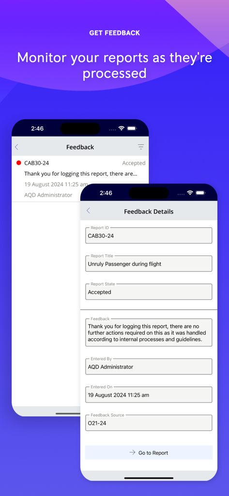 SMS Mobile - SMS Mobileアプリのインターフェース。処理された安全インシデントレポートのステータスとフィードバックの詳細が表示されています。