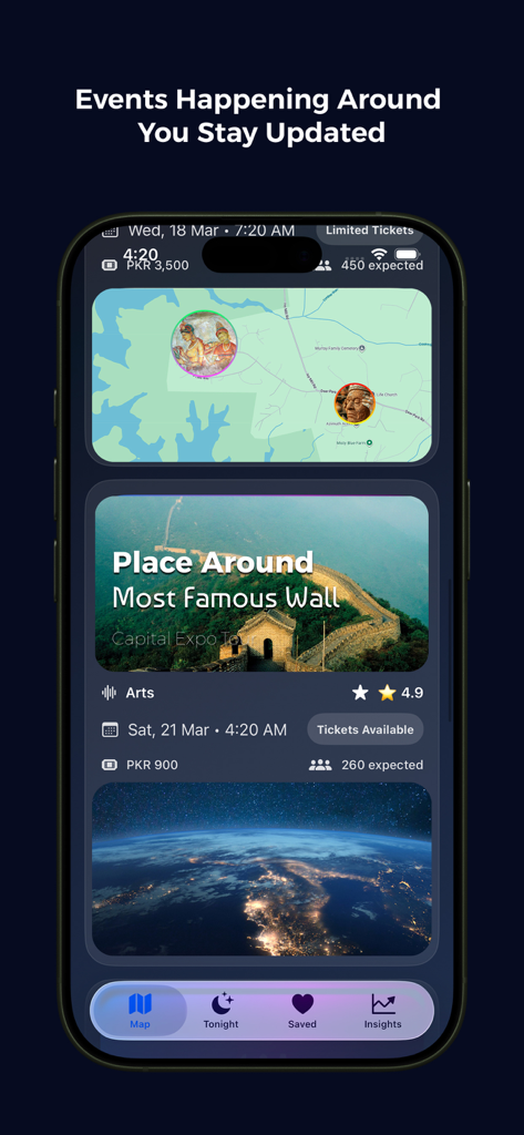 Pulse Planet - Pantalla de la aplicación móvil Pulse Planet mostrando el mapa de descubrimiento de eventos locales y detalles del evento