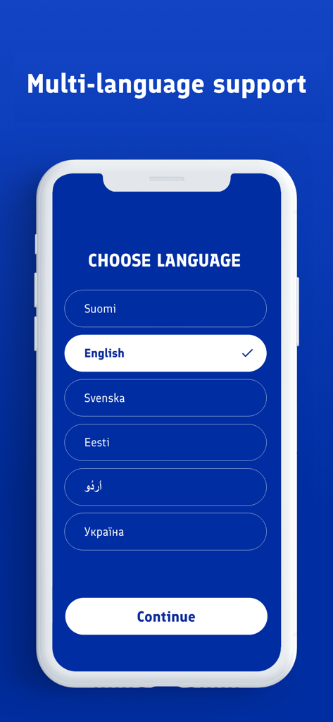 Work Help Finland - Schermata di selezione della lingua nell'app Aiuto Lavoro Finlandia che mostra varie opzioni linguistiche come inglese, finlandese e svedese