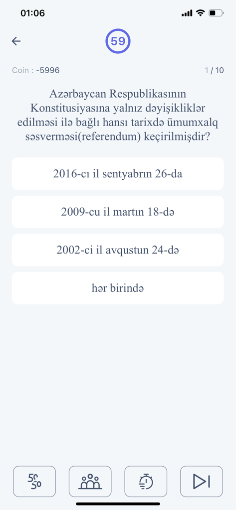 Dovlet Qullugu - A mobile app screen showing a multiple-choice legislation question for the Azerbaijan civil service exam