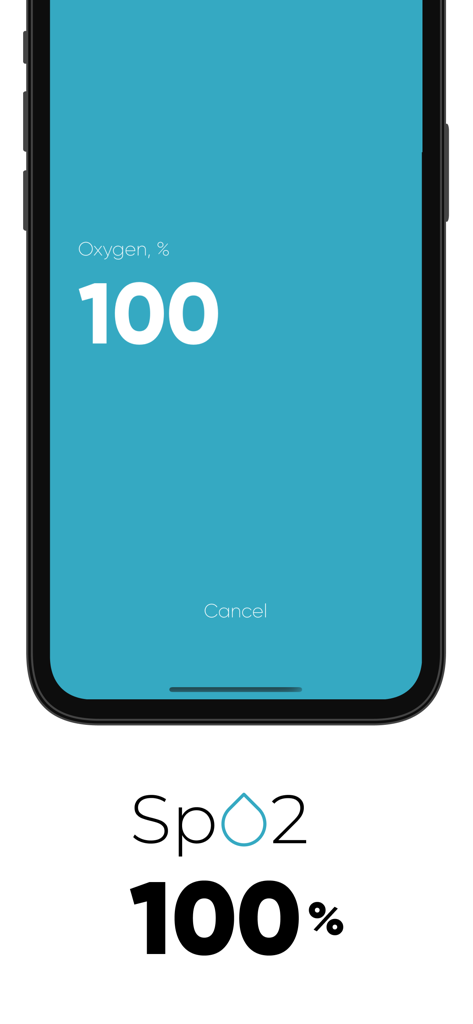 iPhone screenshot showing a blood oxygen saturation level of 100 percent in the SpO2 analyzer app