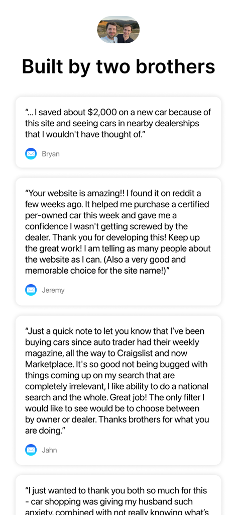 Visor - Smarter Car Search - User reviews and testimonials for Visor car search app featuring positive feedback and the founders photo