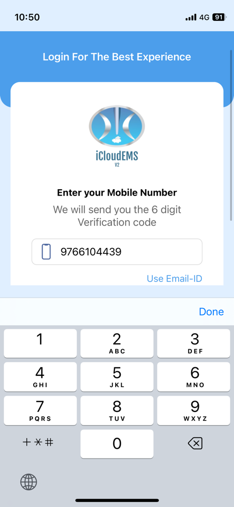 Login screen for the iCloudEMS V2 education management app showing a mobile number verification field and keypad