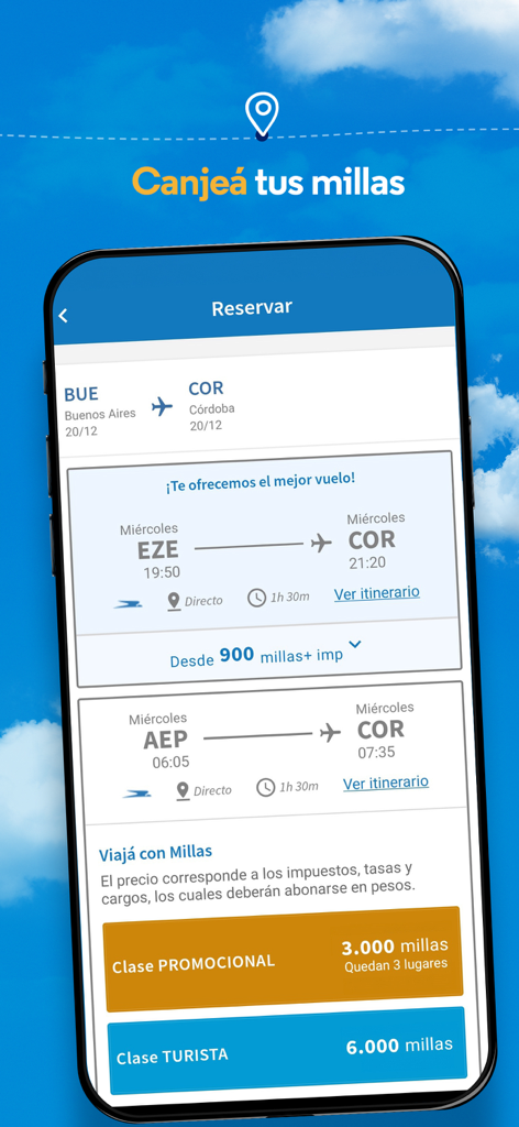 Schermata dell'app Aerolíneas Argentinas per il riscatto di miglia di viaggio su prenotazioni di voli
