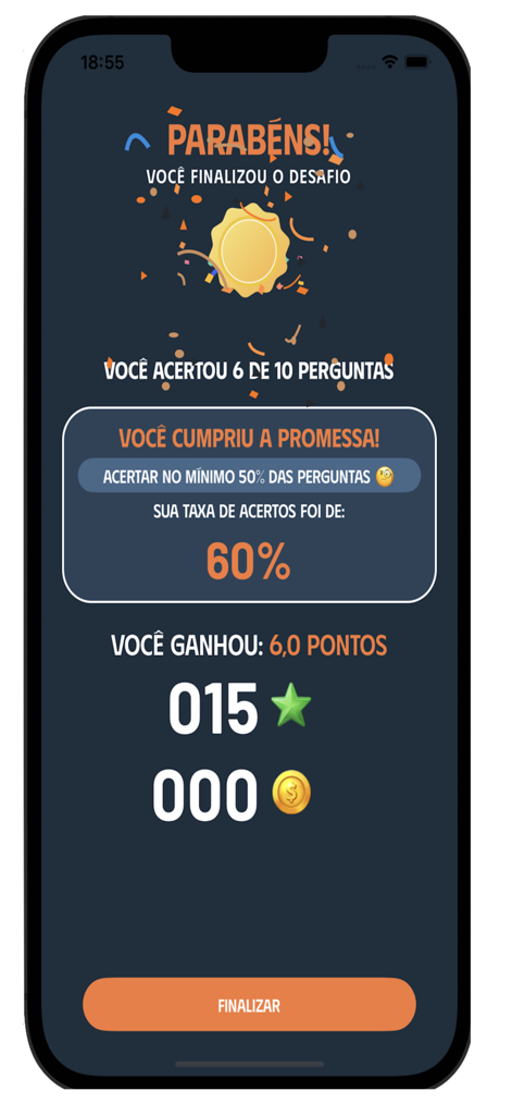 Bíblia Play - Tela de resultados do desafio Biblia Play mostrando uma taxa de sucesso de sessenta por cento e pontos ganhos após completar um quiz de trivia bíblica.