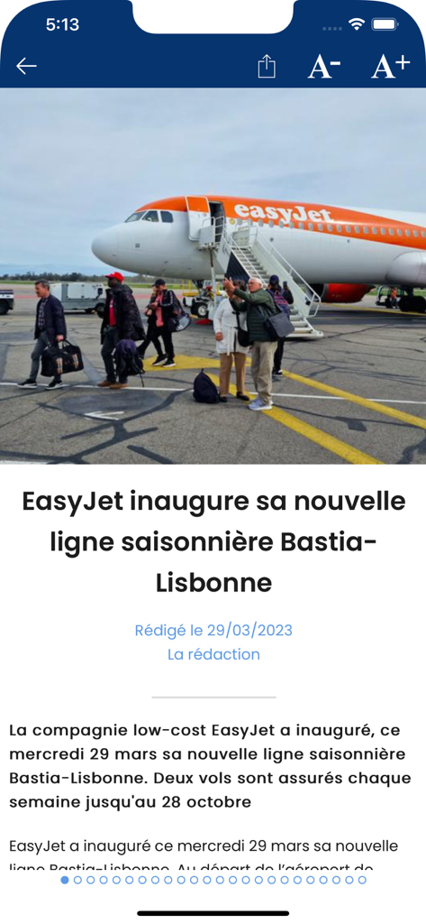 News article in the Corse Net Infos app about EasyJet's new flight route between Bastia and Lisbon