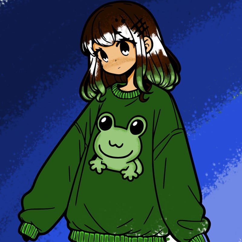girl wearing frogging sweatshirt