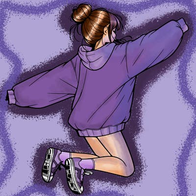 realistic girl jumping with a bun and oversized sweatshirt