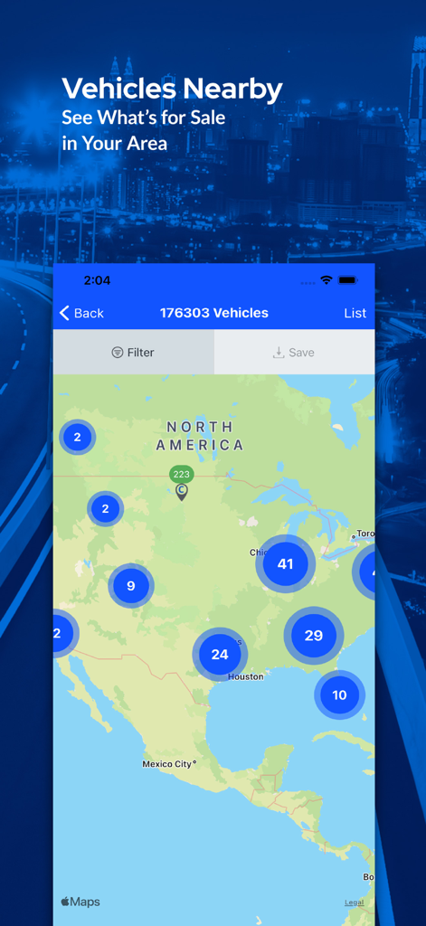Copart - Online Auto Auctions - Copart app screenshot showing a map with vehicle counts for sale across North America.