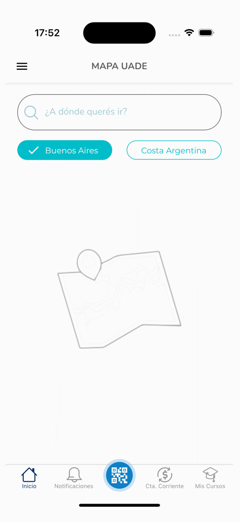 La aplicación móvil UADE Webcampus mostrando la pantalla de búsqueda del mapa del campus con opciones para las ubicaciones de Buenos Aires y Costa Argentina