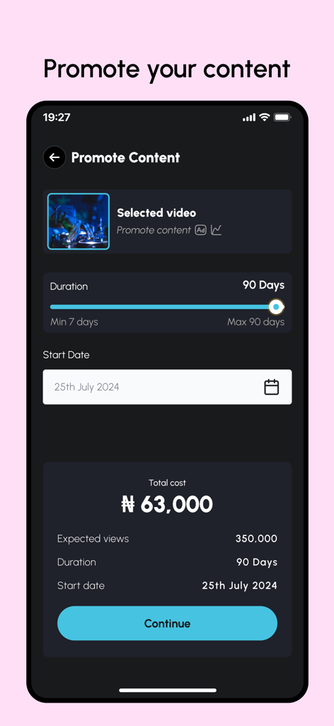 Creatlie - Mobile screen for promoting video content on the Creatlie app showing ad duration and estimated views