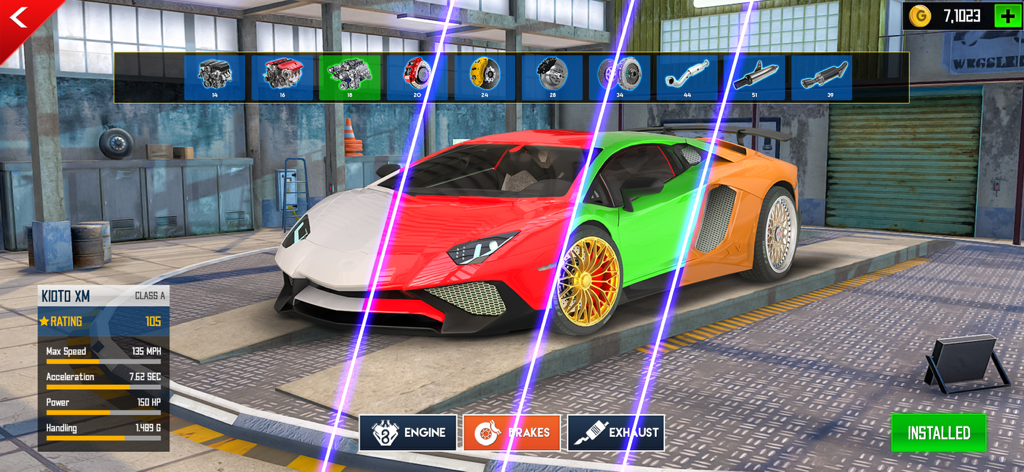 A supercar customization screen in a garage with car part upgrades and performance stats.