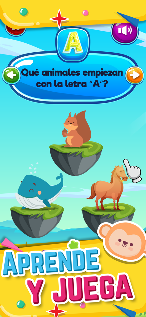 Kids learning app screen for matching animals with letters of the Spanish alphabet