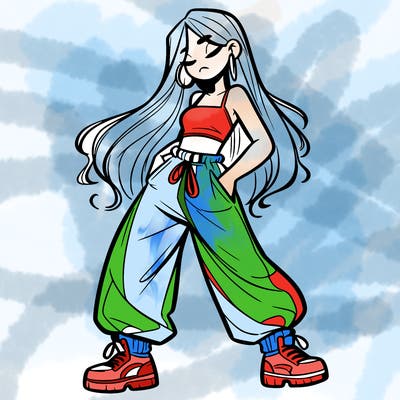 girl in baggy pants crop top and long hair