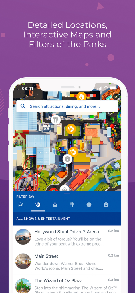 Interactive map and location filters in the Village Roadshow Theme Parks app showing Movie World attractions.