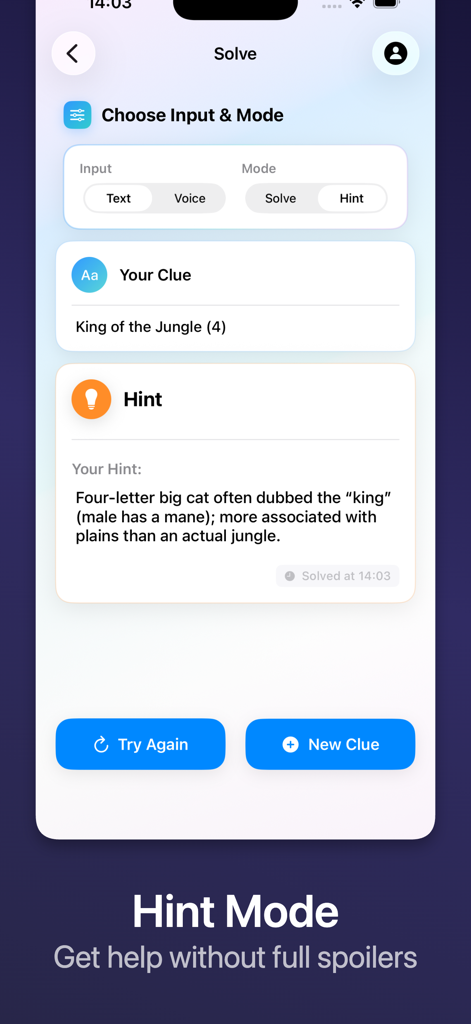 Crossword Clue Solver: Crossy - Interface of Crossy app showing Hint Mode with an educational explanation for a crossword clue