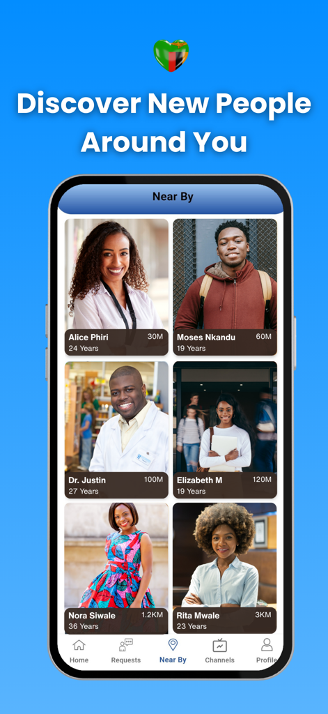 Yapper - Chat Nearby Zambia - Yapper app screen showing a grid of nearby profiles with names ages and distances to discover people in the Zambian community