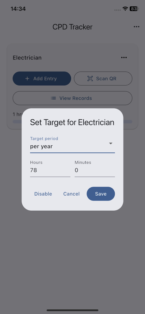 CPD Progress Tracker - A popup interface in the CPD Progress Tracker app to set an annual target of 78 hours for an electrician