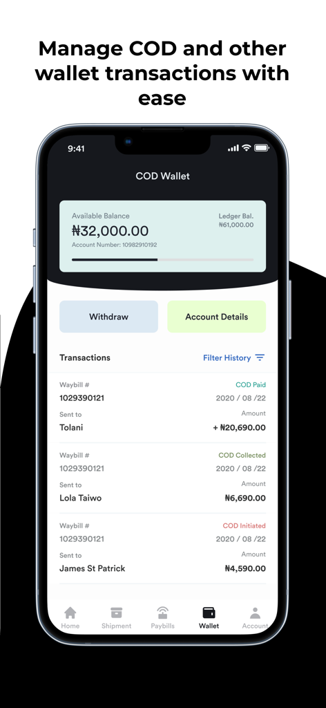 GIG LOGISTICS MOBILE - Mobile screen showing the GIGGO app wallet interface with available balance and transaction history for cash on delivery shipments.