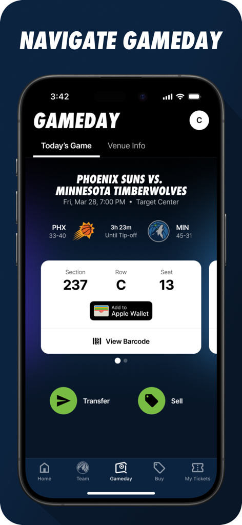 Minnesota Timberwolves - ミネソタ・ティンバーウルブズアプリの試合日画面。フェニックス・サンズ戦のデジタルチケット詳細を表示し、譲渡または販売のオプションがあります。
