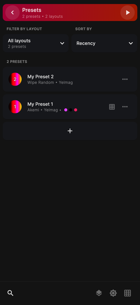 WLED+ - A screenshot of the WLED+ app showing a list of saved lighting presets with layout filters and sorting options.