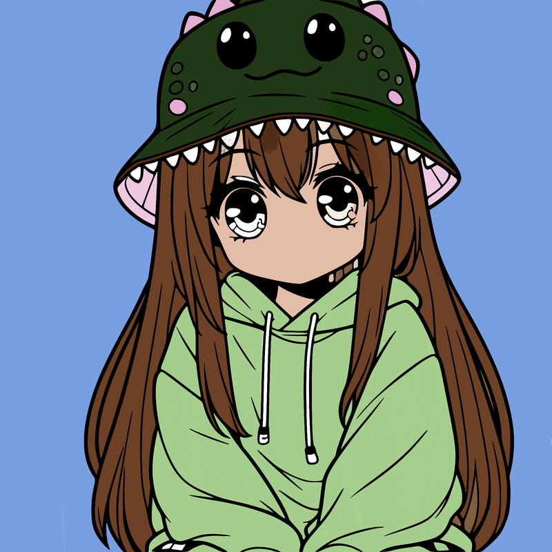 girl with anime shaped eyes with a dinosaur bucket hat oversized sweatshirt long straight hair