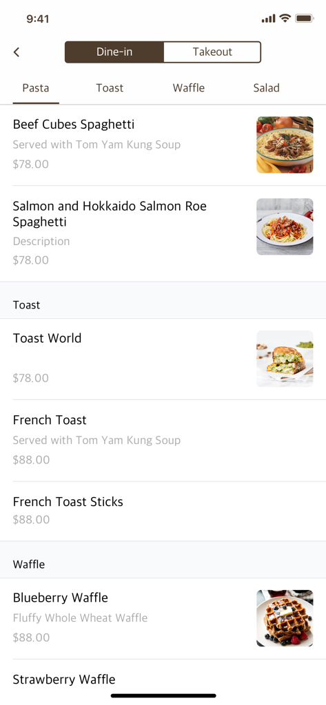 Eats365 - Eats365 app screen displaying a digital restaurant menu with categories for pasta toast and waffles including dine-in and takeout options