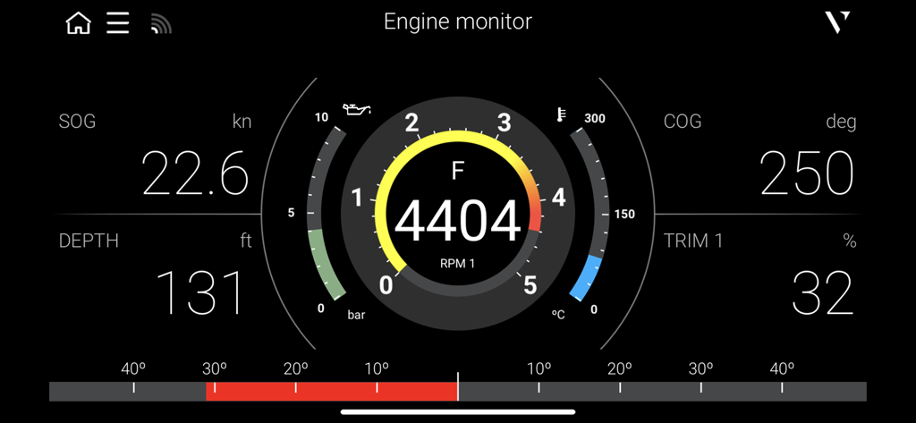 Interface de l'application mobile NavDash affichant la surveillance du moteur en temps réel et les données de performance du navire