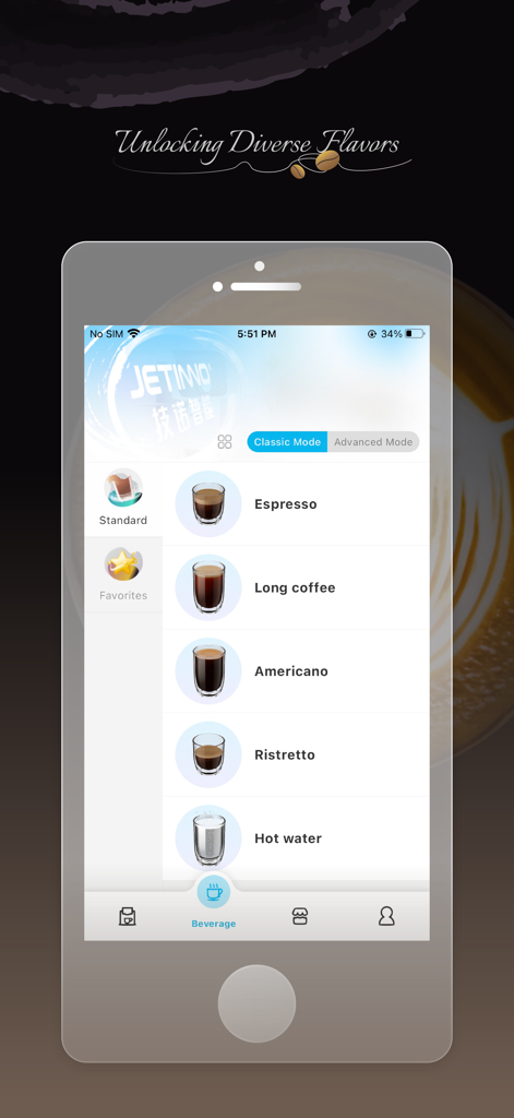 A smartphone screen displaying the Jetinno Coffee app beverage selection menu with options for Espresso Long coffee and Americano.