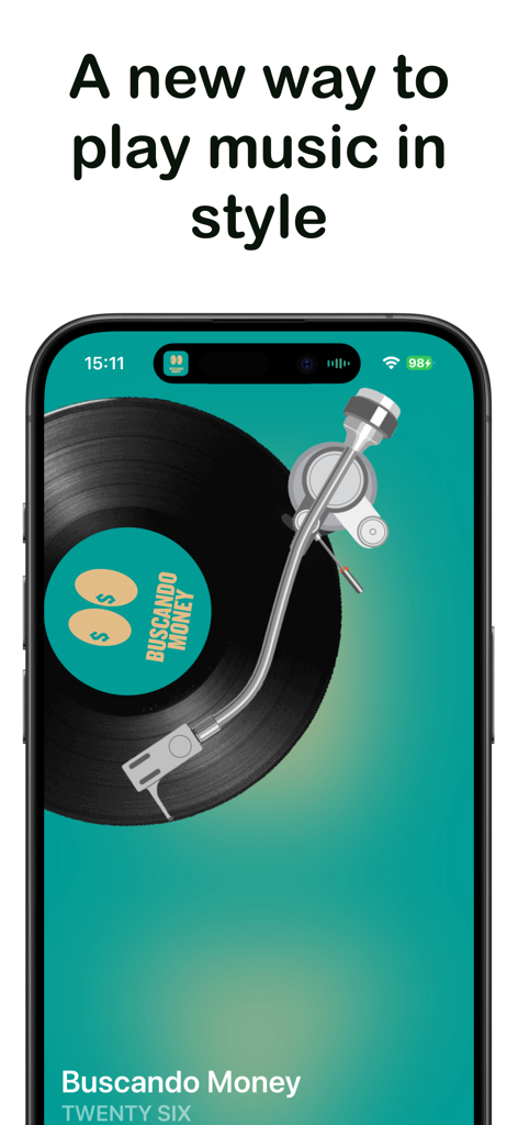 WidgetBeats: Music Widget - Uma tela de iPhone mostrando um widget de toca-discos de vinil retrô para reprodução de música