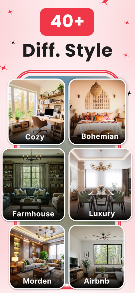 Home AI : AI Interior Design - A display of various interior design styles including Bohemian and Farmhouse available in the Home AI app.