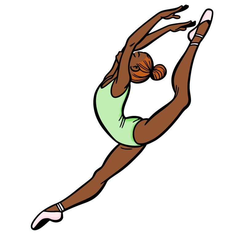 gymnast doing a leap in a leotard with a bent back leg