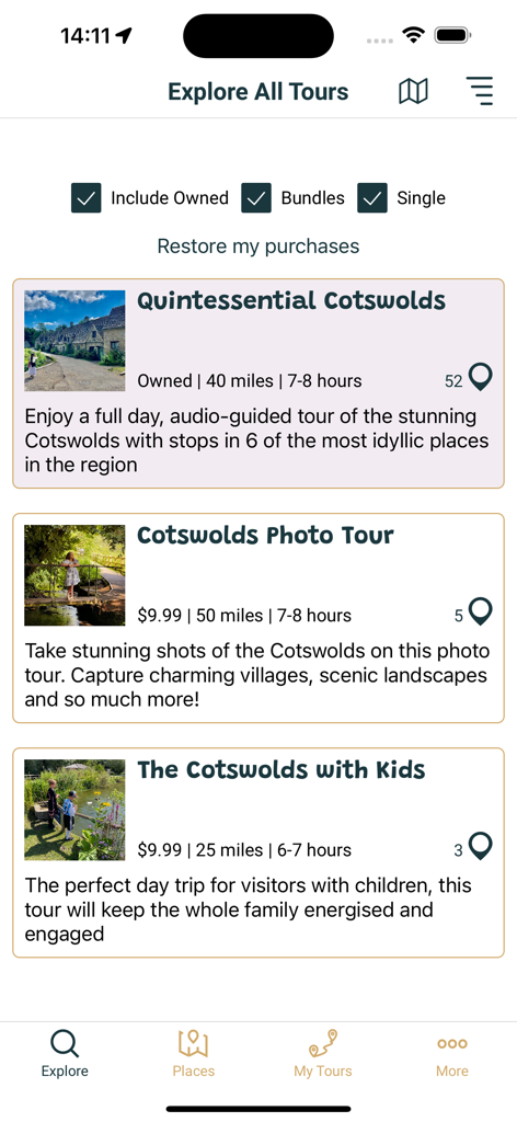 Explore All Tours screen of the Local Compass app showing various GPS audio tours for the Cotswolds region including photo and family options.