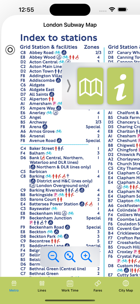 Un índice detallado de las estaciones de metro de Londres que muestra zonas y símbolos de accesibilidad.