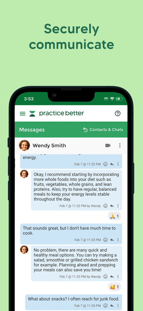 Secure chat interface between a health practitioner and a client in the Practice Better app