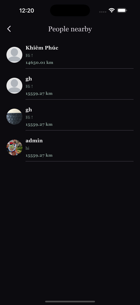 LGBT Chat - A screenshot of the LGBT Chat app showing a list of nearby users with their profile names and distances.