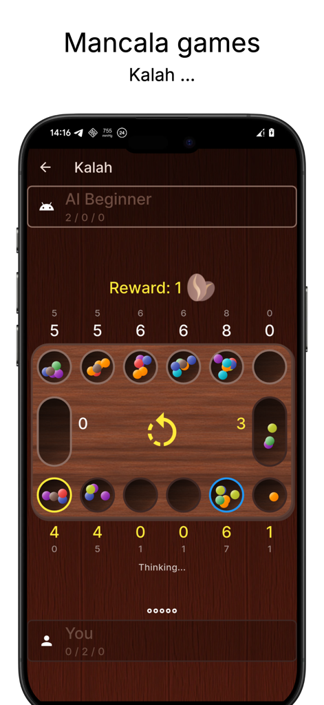 Mancala games - Digital Mancala board game interface featuring the Kalah variant with colorful seeds