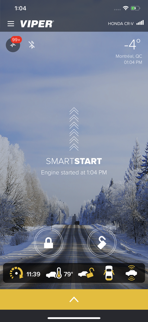 Viper SmartStart app dashboard showing remote engine start status in a winter climate