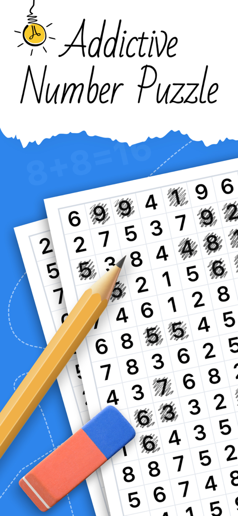 Number Match - Numbers Game - Una griglia di puzzle numerico su carta millimetrata con una matita che cancella i numeri corrispondenti