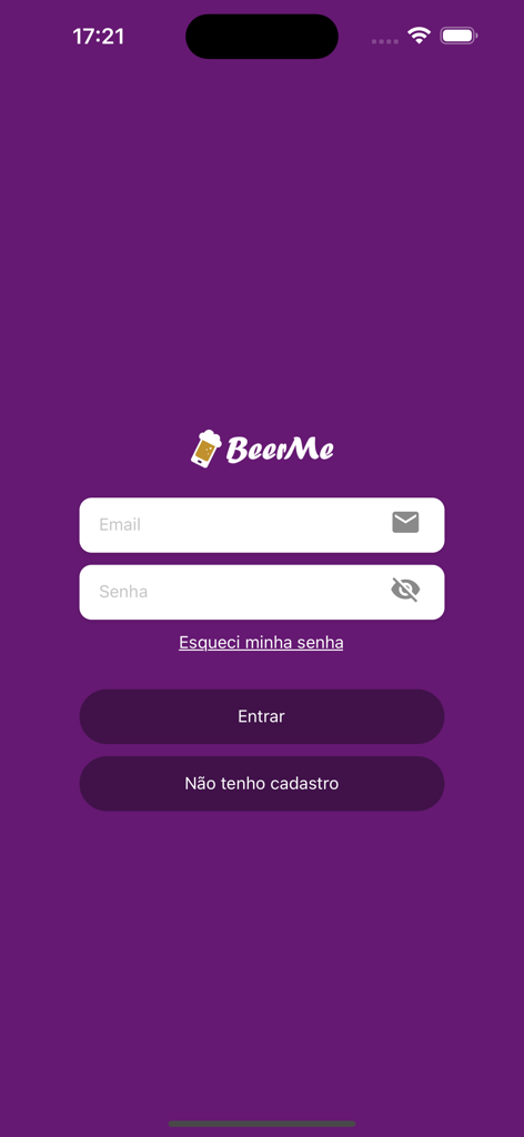 BeerMe - BeerMe mobile app login screen with email and password fields on a purple background