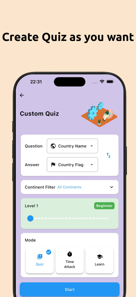 Schermata di impostazione quiz personalizzata nell'app Quiz Bandiere che mostra varie modalità di gioco e filtri
